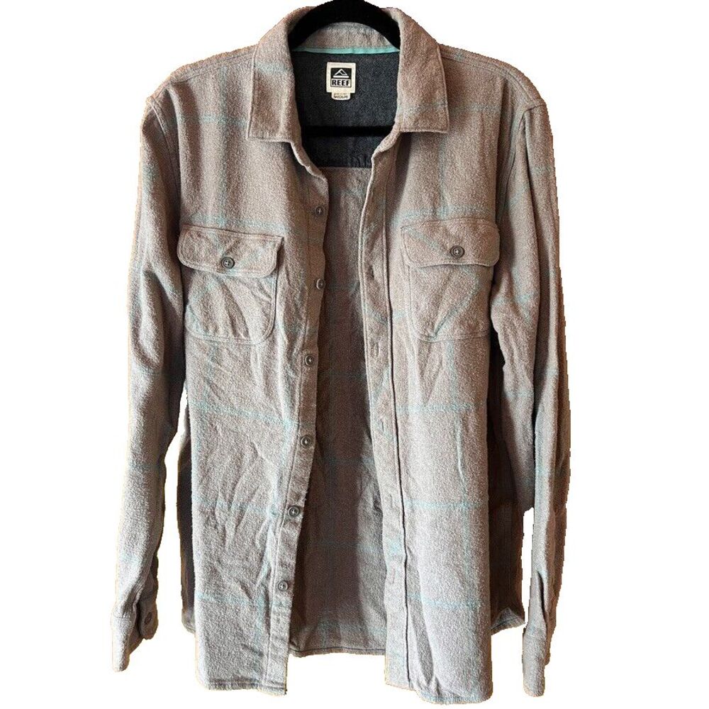 Reef Button Up Shirt Textured Cotton Men's‎ Med Gray Green Long Sleeve